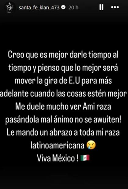 Con este mensaje el cantante suspendió su gira por la unión americana. Foto: Instagram.