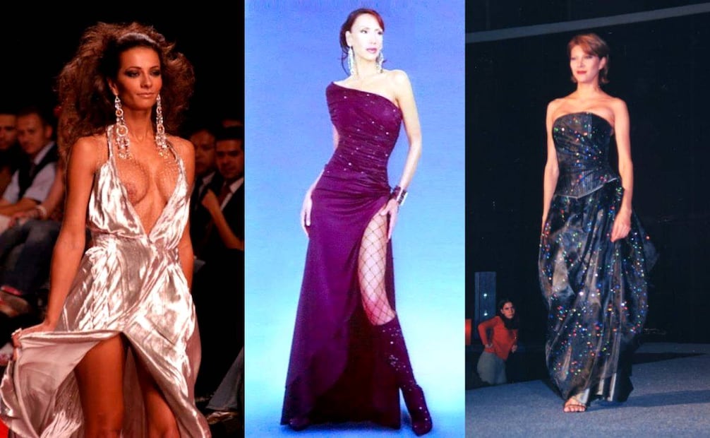 Algunas ideas de Héctor Terrones no fueron "fáciles de tragar" en los años 90, como la transparencia en el vestido que luce Cecilia Galeano (izq.) o las grandes aperturas que le daba a las faldas. Imágenes: Archivo Héctor Terrones.