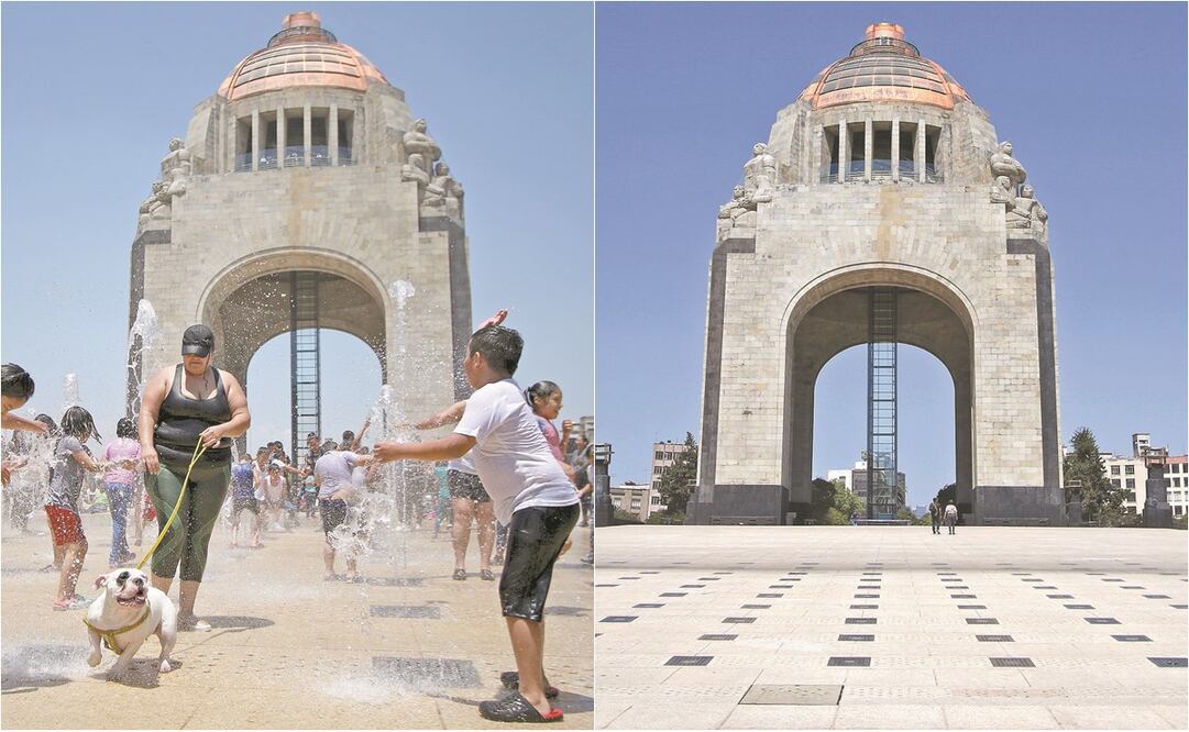 La explanada del Monumento a la Revolución es uno de los puntos en los que los capitalinos buscan refrescarse en días calurosos o para celebrar el Sábado de Gloria sin ser multados. Este año permaneció desierto. Foto: ARCHIVO Y CARLOS MEJÍA. EL UNIVERSAL