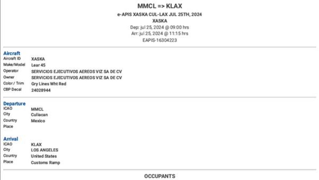 En la bitácora de vuelo se observa que Rubén Rocha Moya salió a Los Ángeles el 25 de julio a las 9 de la mañana, el mismo día de la emboscada contra El Mayo Zambada en Culiacán. El avión utilizado es Servicios Ejecutivos Aéreos Viz, propiedad del empresario Jesús Vizcarra Calderón. Crédito de foto: Especial.