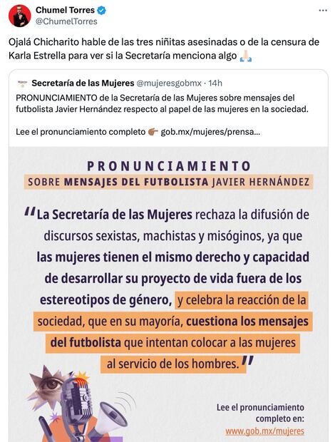 Chumel Torres reacciona a polémica entre la Secretaría de las Mujeres y Chicharito. Foto: Captura de pantalla