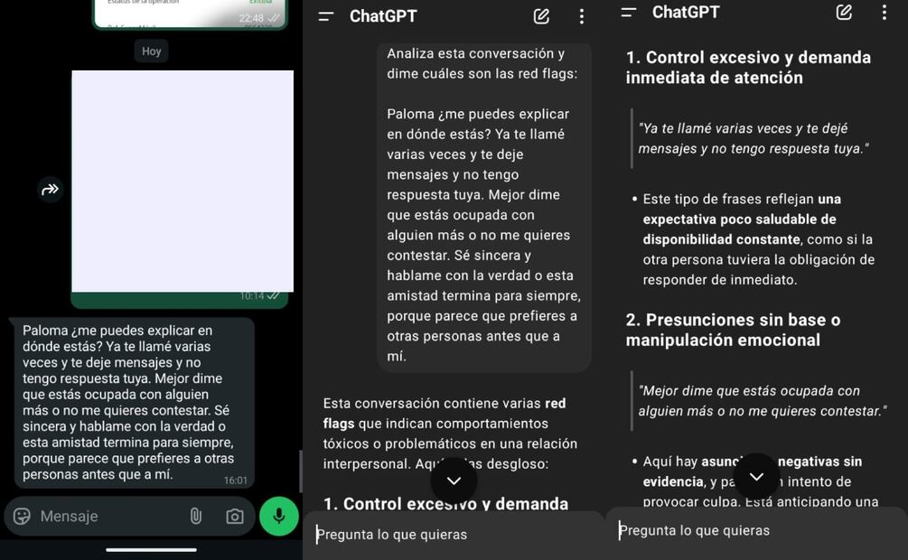 ChatGPT identifica las red flags de tus chats de WhatsApp. Imagen: captura de pantalla