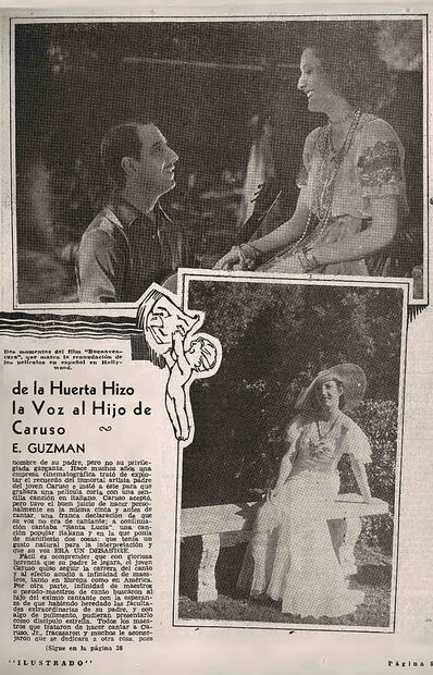 En 1934 "El Universal Ilustrado" dedicó una de sus páginas a Enrico Caruso Jr. y cómo obtuvo su voz gracias a Adolfo de la Huerta. Foto: Hemeroteca EL UNIVERSAL.