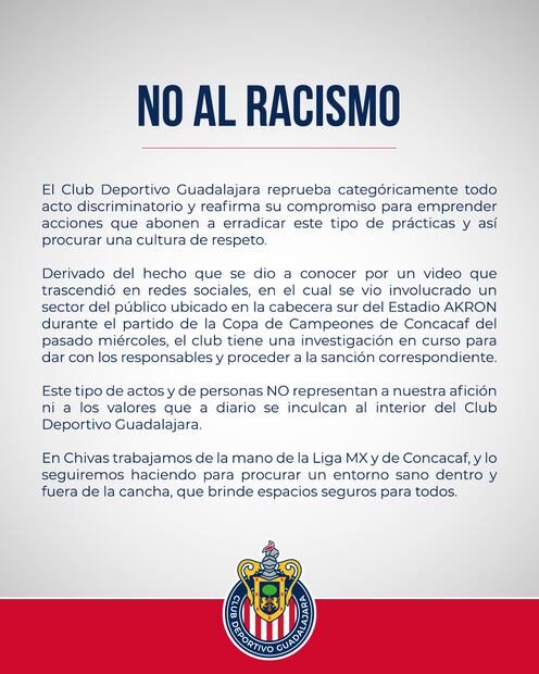 Comunicado de Chivas sobre hechos racistas en el Estadio Akron - Foto: Chivas