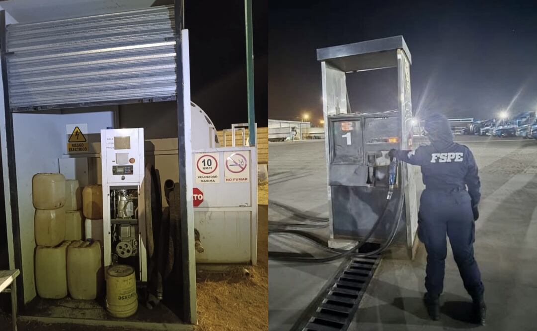 En el inmueble usado como centro huachicol, se encontraron una máquina expendedora, 28 mil litros de hidrocarburo y 33 tractocamiones (16/05/2025). Foto: Especial