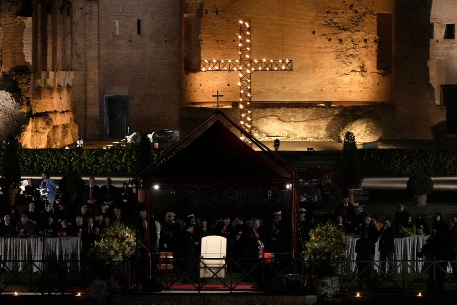 Pope Francis' chair is seen prior to start of the lthe Via Crucis (Way of the Cross) at Colosseum on Good Friday in Rome, Friday, March 29, 2024. (AP Photo/Gregorio Borgia)