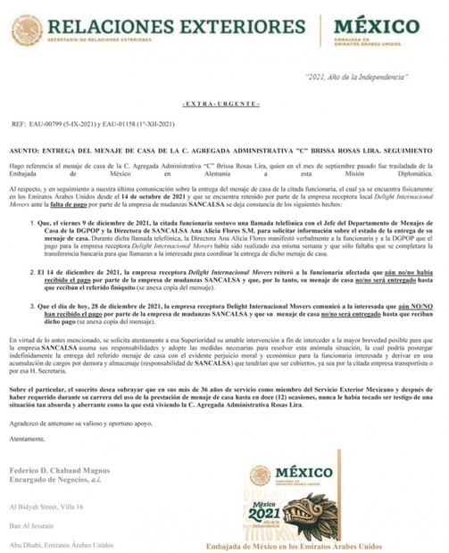 Deja empresa a diplomáticos sin menaje, denuncian