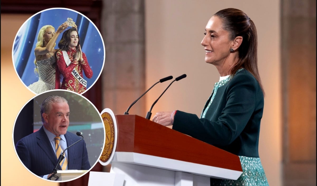La presidenta Claudia Sheinbaum durante la mañanera del miércoles 26 de noviembre de 2025. Fátima Bosch mientras recibía el título de Miss Universo 2025 y Raúl Rocha, dueño de Miss Universo. Fotos: Cuartoscuro, IG de @fatimaboschfdz y Presidencia