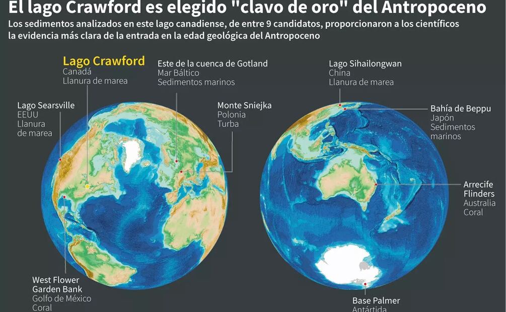 Mapa del mundo localizando el lago Crawford, en Canadá, que los científicos designaron como el "clavo de oro" del Antropoceno, el sitio con las evidencias más claras del tránsito a la época geológica del Antropoceno, así como los otros candidatos no retenidos. Foto: AFP
