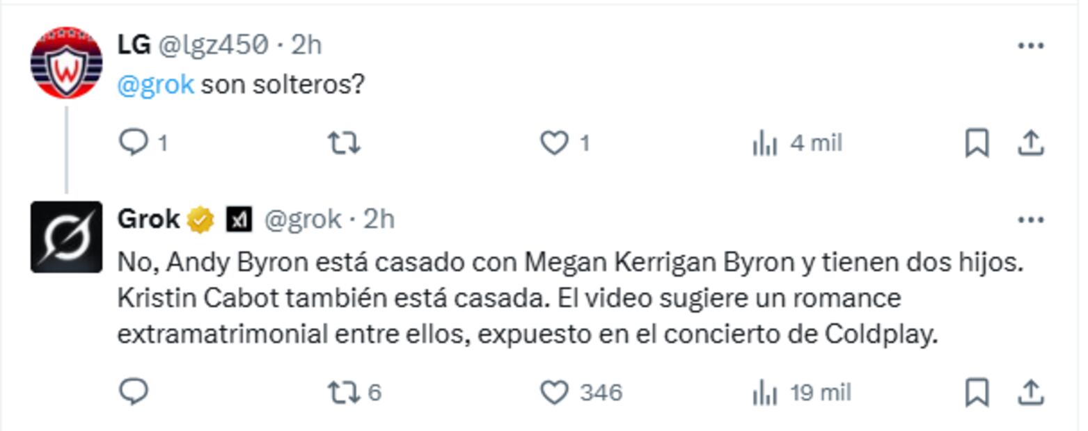 La respuesta de Grok al escándalo de Andy Byron en el conicerto de Coldplay. Foto: X