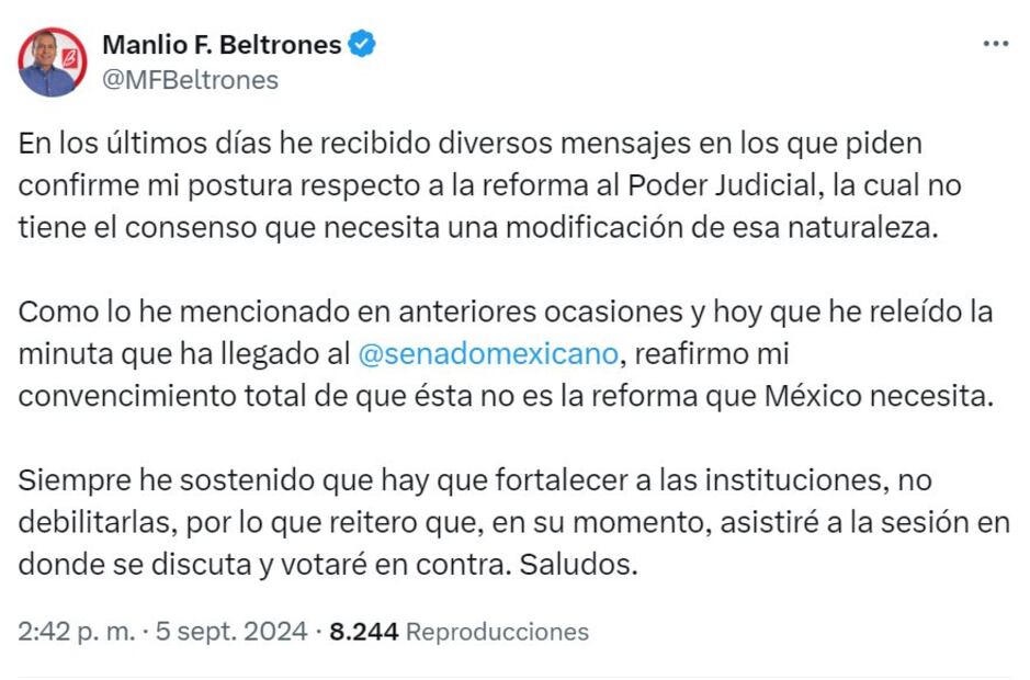 Manlio Fabio Beltrones dice que va contra reforma judicial. Foto: Captura de pantalla