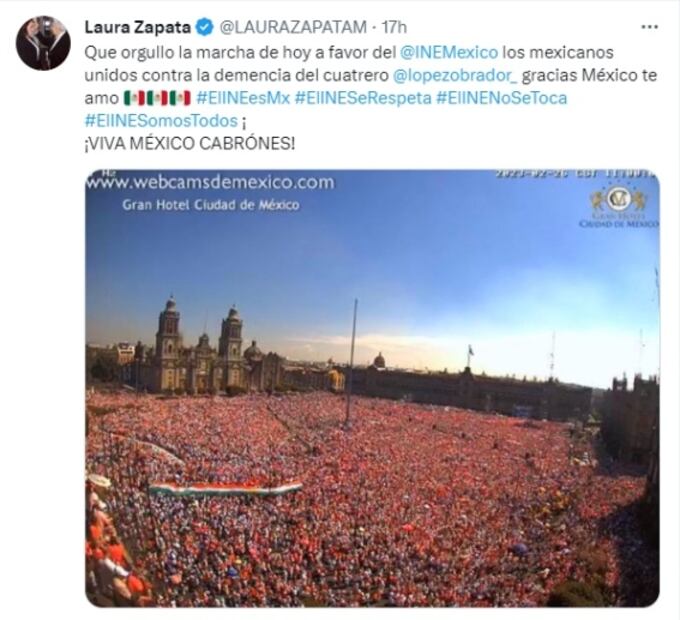 “¡Viva México ca..!”: Laura Zapata participa “de corazón” en marcha del INE… y manda mensaje a AMLO