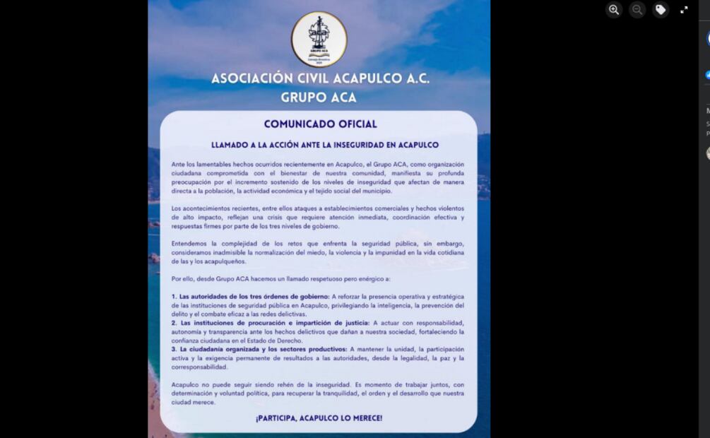 La asociación civil Grupo Aca manifestó su preocupación por los actos de violencia en Acapulco (05/06/2025). Foto: Captura de pantalla