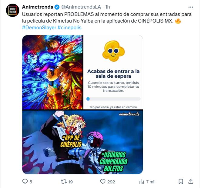 Usuarios reaccionaron en redes sociales a la saturación de la página de Cinépolis por la preventa para la película "Demon Slayer: Castillo Infinito". Foto: Captura de pantalla.
