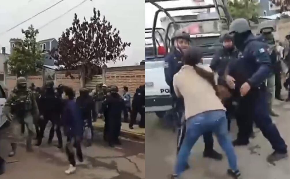Algunas mujeres intentaban subirse a las patrullas, mientras que otra golpeó con una tabla una de las unidades. (20/02/2025). Foto: Especial