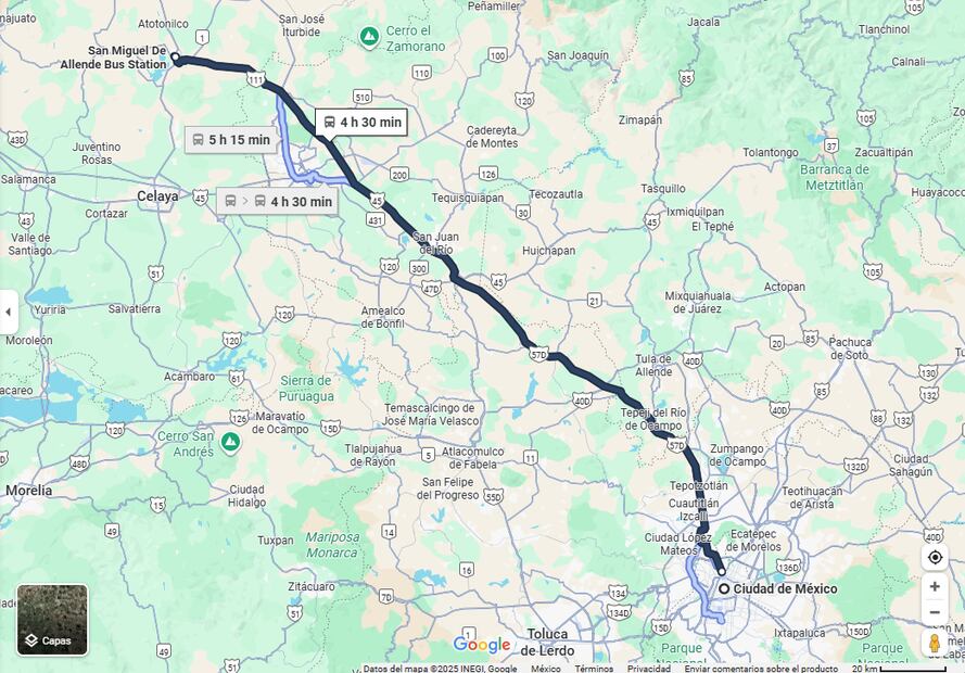 Ruta a San Miguel de Allende en autobús. Foto: Google Maps