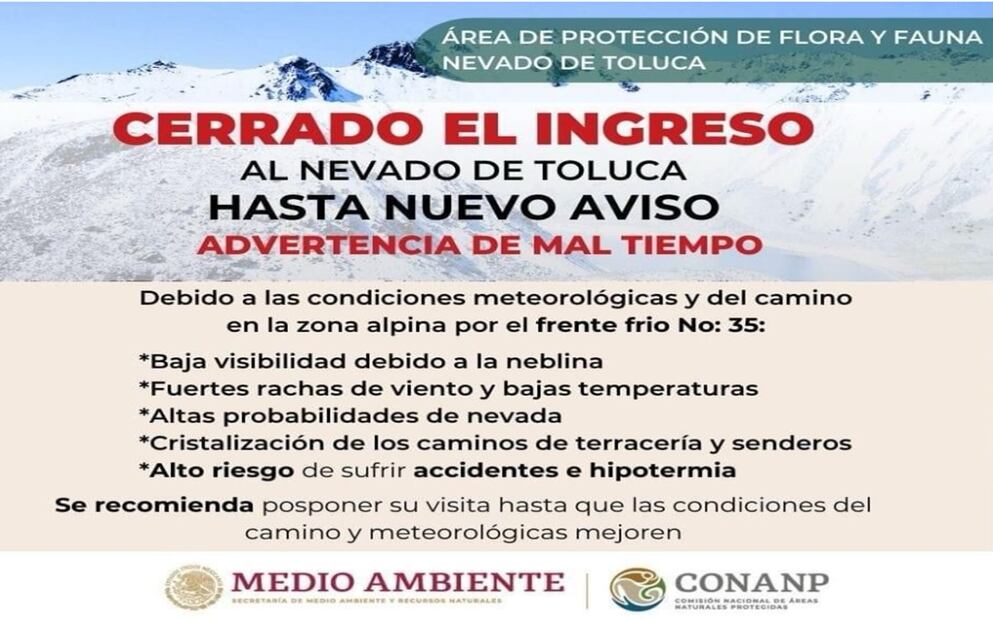 Las autoridades advirtieron sobre la Baja visibilidad debido a la neblina, fuertes rachas de viento y bajas temperaturas, las altas probabilidades de nevada y la cristalización de los caminos de terracería y senderos. Foto: Especial