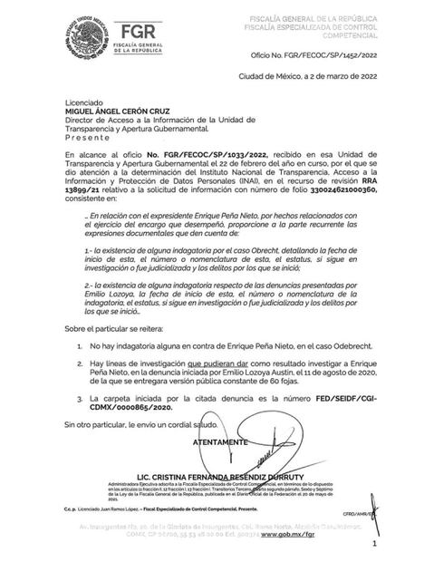 FGR: no se investiga a Peña Nieto por caso Odebrecht