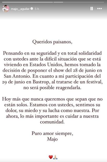 Majo Aguilar externa apoyo a migrantes en Estados Unidos y cancela concierto en San Antonio.