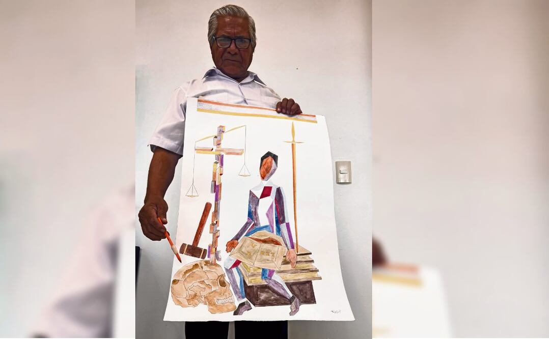 Don Manuel Trejo pintó una acuarela para las autoridades de la fiscalía de Zacatecas en agradecimiento por identificar a su hijastra Aura Jassel Cortés. Foto: Irma Mejía / EL UNIVERSAL