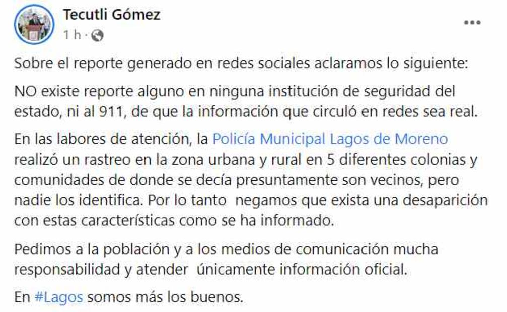 Publicación de Facebool del alcalde Tecutli Gómez de Lagos de Moreno. Foto: Capura de pantalla
