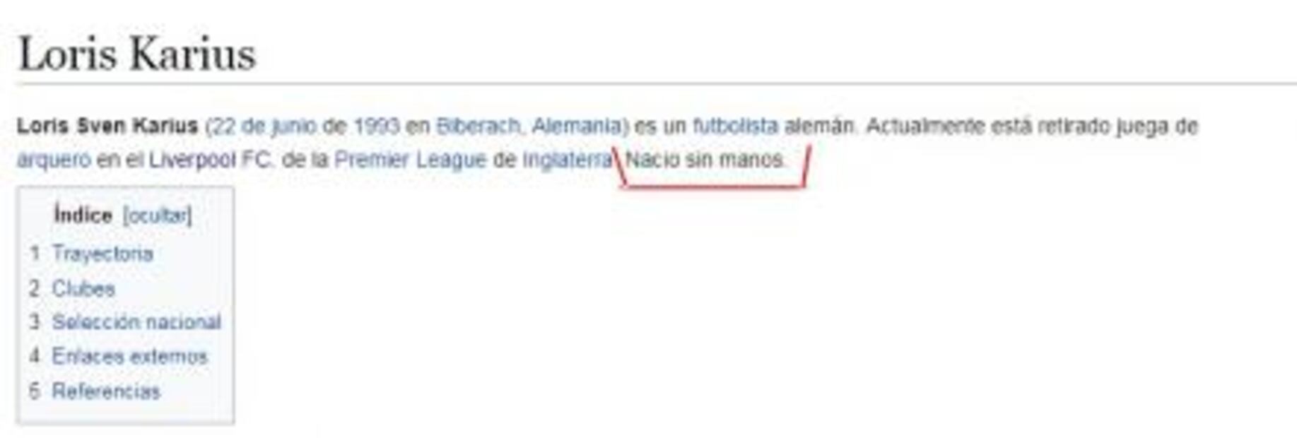 Karius "nació sin manos"; trolean al portero de Liverpool en Wikipedia