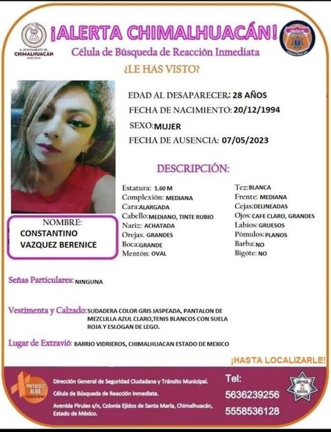 Buscan a Berenice Constantino de 28 años, desapareció en el Barrio de Vidrieros, Chimalhuacán