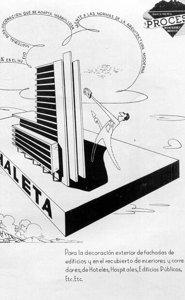 Publicidad de los años cincuenta del material de decoración exterior e interior Fachaleta, para sustituir la utilización de todo tipo de material de origen natural usado anteriormente como rocas y madera, con un material durable semejante al original. Se utiliza hasta nuestros días. Colección Villasana.