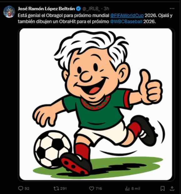 José Ramón López Beltrán, hijo mayor de AMLO, compartió la imagen del  Obragol para el próximo Mundial, este 16 de abril del 2025. Foto: Captura de pantalla de la cuenta de X de @_JRLB_.