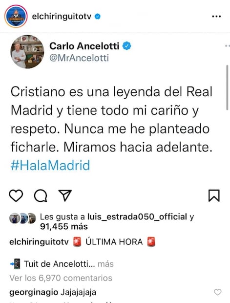 Pareja de Cristiano Ronaldo se burla de Carlo Ancelotti