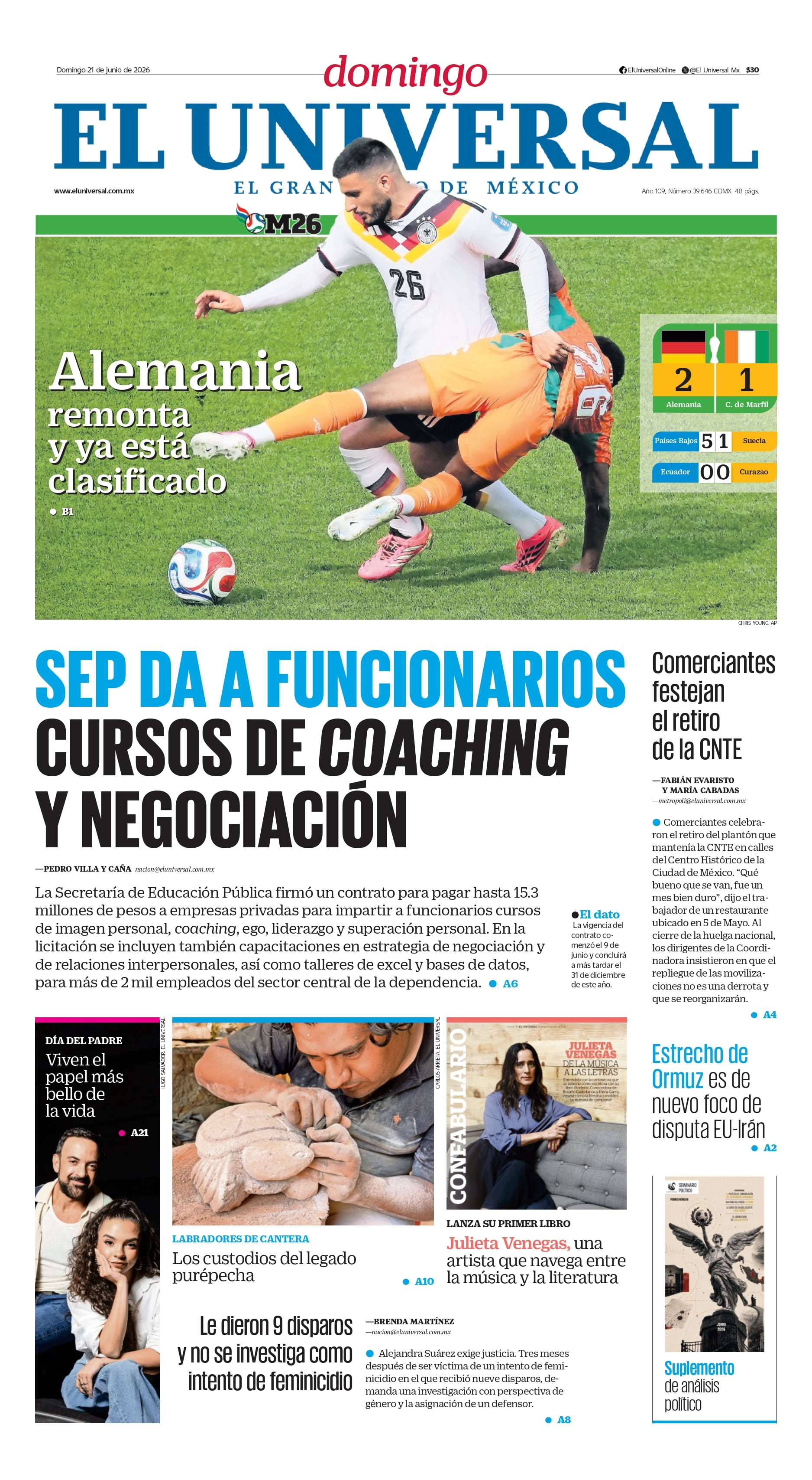 Portada impresa del 21 de junio de 2026
