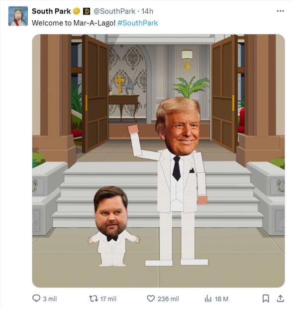 Escena en la que aparece JD Vance, vicepresidente de EU, en el nuevo capítulo de South Park. Foto: X