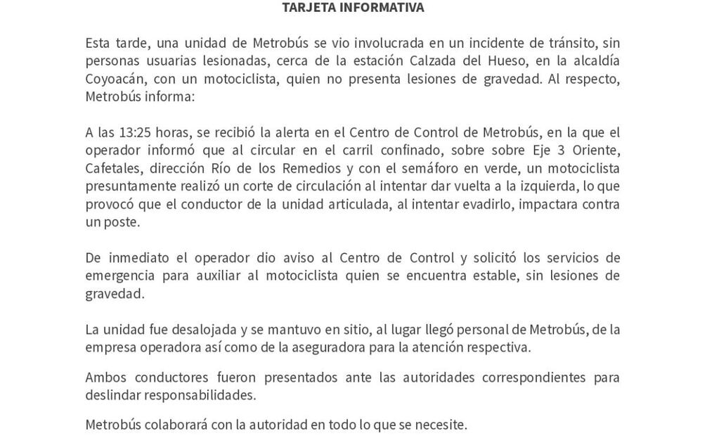 Comunicado del Metrobús (24/06/2025). Foto: Captura de pantalla