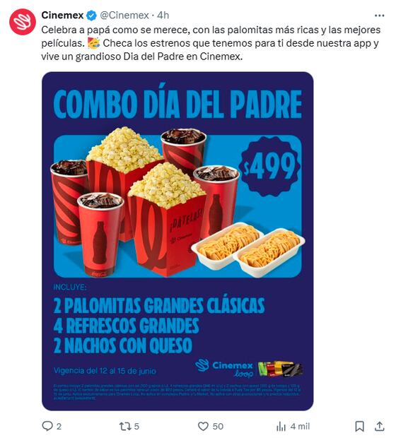 Cinemex anuncia el lanzamiento de un combo especial por motivo del Día del Padre. Foto: X