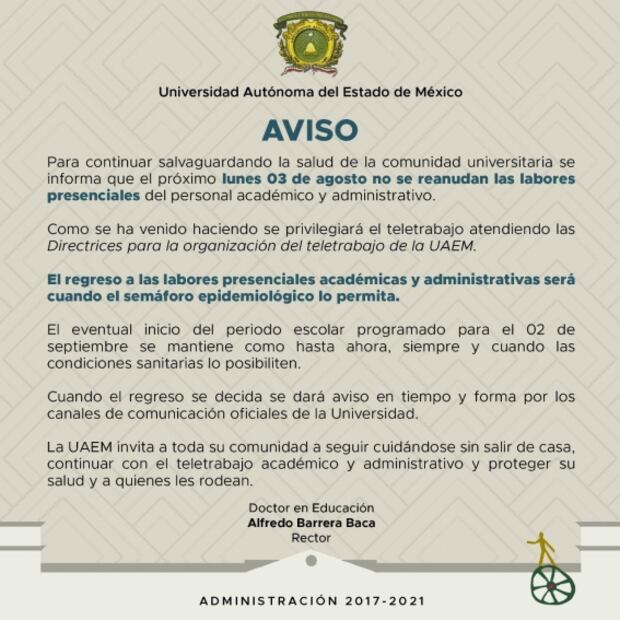 Descarta UAEM regresar a actividades presenciales el 3 de agosto