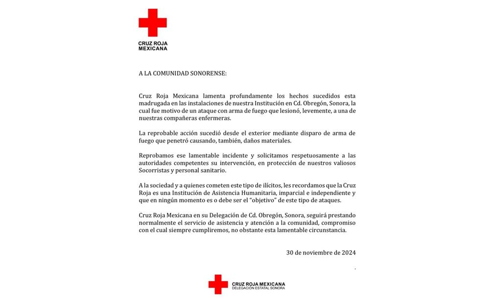 Comunicado de la Cruz Roja Mexicana sobre ataque armado en Sonora (30/11/2024). Foto: Especial