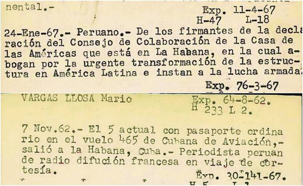Dos de una docena de fichas de reportes elaboradoras por la DFS, que hoy están en el AGN, en las que se detalla que el gobierno mexicano siguió las visitas de Mario Vargas LLosa al país, así como sus viajes a Cuba. (15/04/2025) Foto: Archivo | El Universal