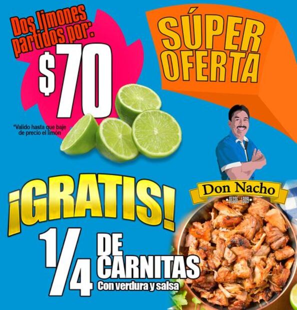 Compra dos limones y llévate un cuarto de carnitas gratis, la oferta de una taquería