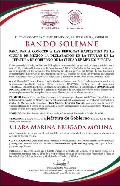 El Bando Solemne en el  se declara a Clara Brugada como Jefa de Gobierno de la CDMX