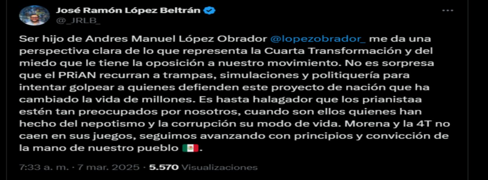 Publicación de José Ramón López Beltrán en X. Foto: captura de pantalla