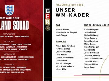 Las selecciones campeonas del mundo Inglaterra y Alemania presentaron las listas de convocados para la Qatar 2022