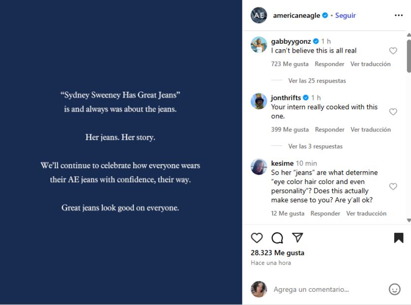 La marca American Eagle se pronuncia luego de su polémica campaña publicitaria con Sydney Sweeney. Foto: Instagram