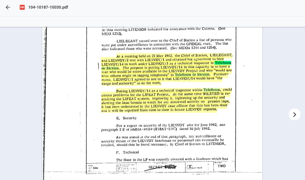 Reporte de la CIA sobre intervención de Teléfonos de México. Foto: Especial.