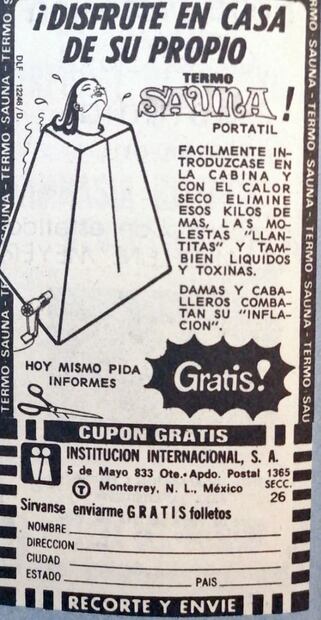 Para disfrutar en casa de un baño sauna estaba a la venta este mecanismo que constaba de una estructura en forma de pirámide con una silla para sentarse y sacar solo la cabeza. Revista Kena, 1981. Colección Carlos Villasana.