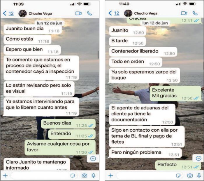 Mensajes entre el presunto jefe del tráfico de mercurio en México con un agente aduanero / Foto: Agencia de Investigación Ambiental (Environmental Investigation Agency–EIA US)