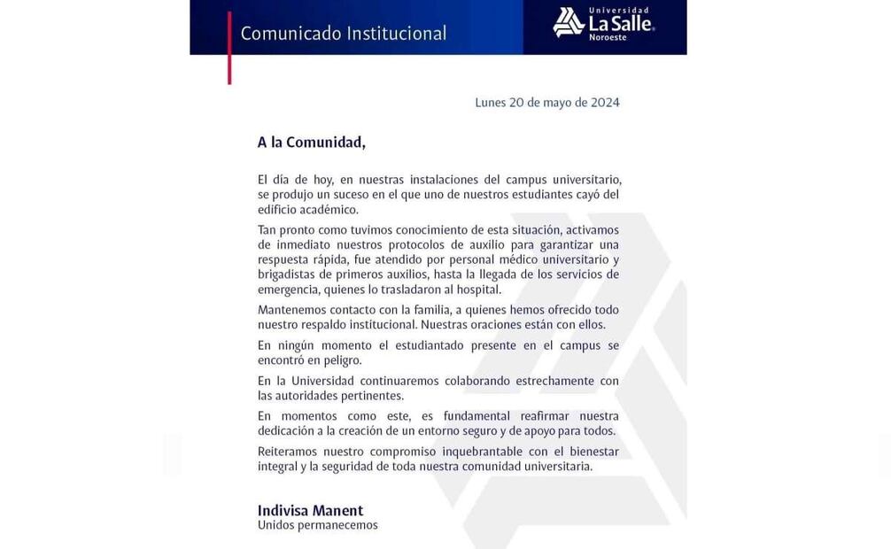 Comunicado de la universidad La Salle. Foto: Especial