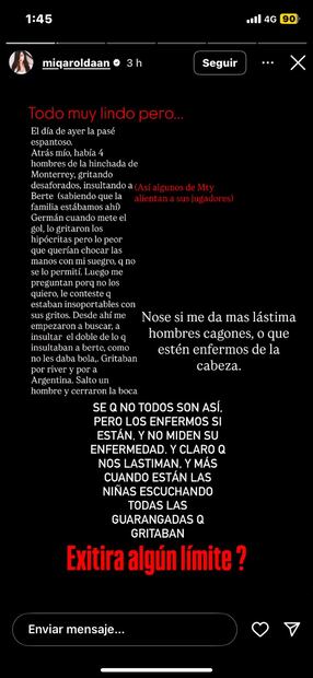 Mensaje de la esposa de Germán Berterame en su Instagram / Foto: @miqaroldaan