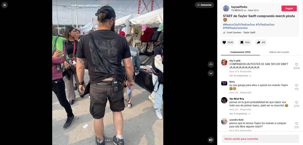 Staff de Taylor Swift salió a comprar mercancía no oficial a los puestos ubicados al exterior del Foro Sol. / Foto: TikTok.