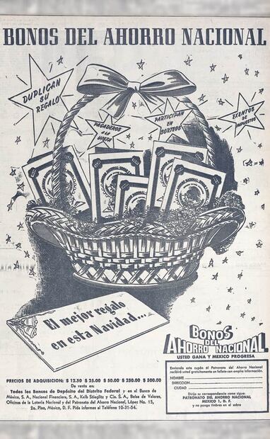 Durante la primera temporada decembrina de los Bonos del Ahorro Nacional en 1950, se creó una campaña para regalarlos como presente navideño, disponibles para su compra en varias instituciones financieras. Foto: Hemeroteca EL UNIVERSAL.