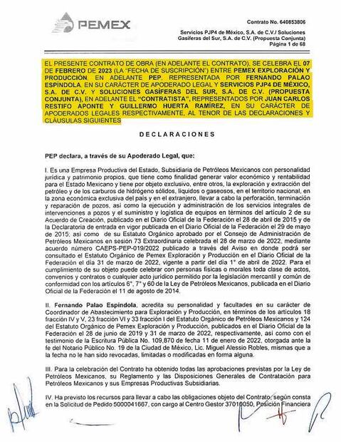 El documento 640853806, firmado el 7 de febrero de 2023, confirma que Pemex adjudicó a Servicios PJP4 de México y Soluciones Gasíferas del Sur, propiedad de Rocha Cantú, la construcción de ductos terrestres en la Zona Sur, obra de infraestructura crítica de PEP.